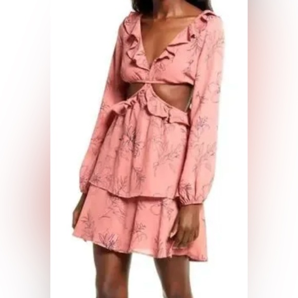 OPEN EDIT Sexy Pink Ruffle Floral Print Cutout Mini Dress Size XL $89 - Picture 1 of 3